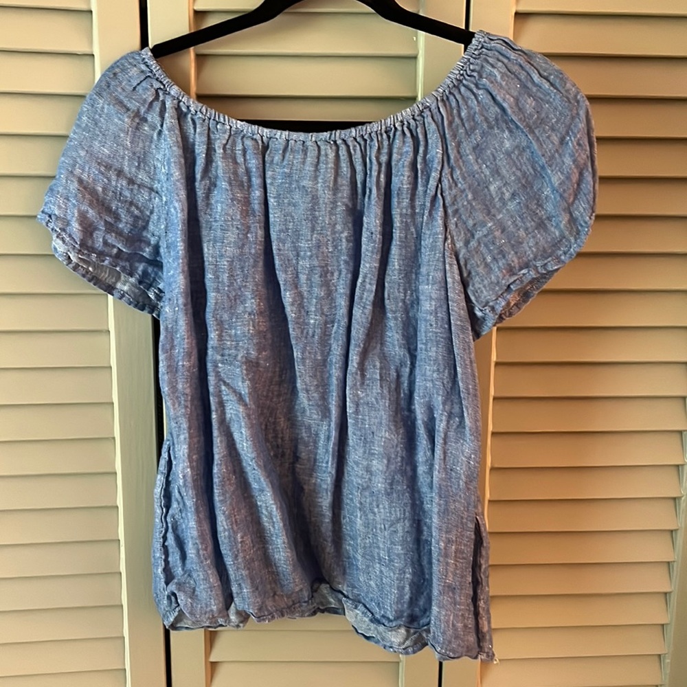 Joie Blue Linen Off The Shoulder Top